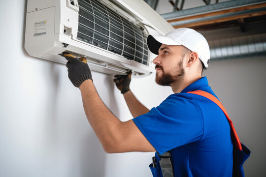 HVAC technician installing a mini split air conditioner in Fountain