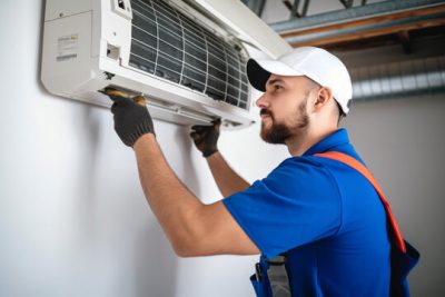 360_F_621046421_Vcay4nYa8ozdeodOQVDfES6MRrC6N3b8 Air conditioning technician servicing a wall-mounted AC unit in Fountain, CO